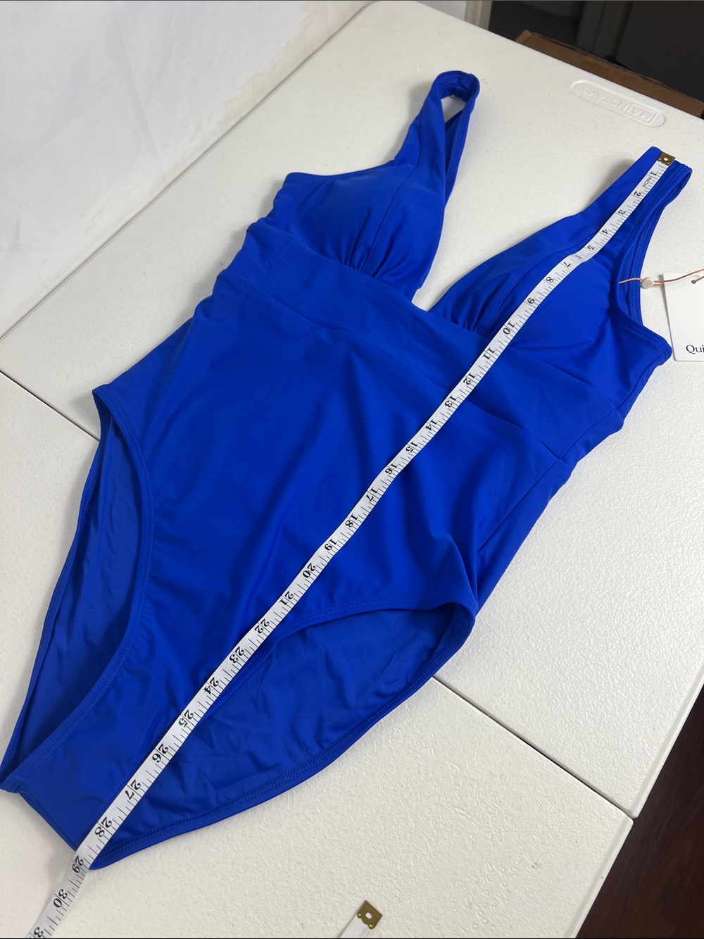 Quince Sz M Italian Plunge One-Piece Swimsuit Electric Blue UPF50 Minimalist NWT - Picture 8 of 11